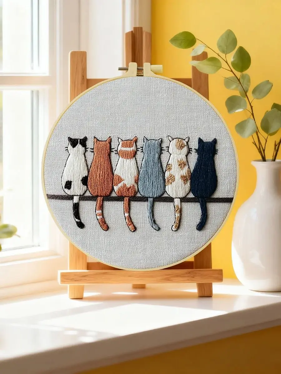 1 Stück 20X20CM/15X15CM 7,87/6,3 Zoll Katzen-Stickerei-Starter-Kit DIY-Kit DIY-Stickerei-Set Handarbeiten Nähkunst Heimdekoration – Detail 6