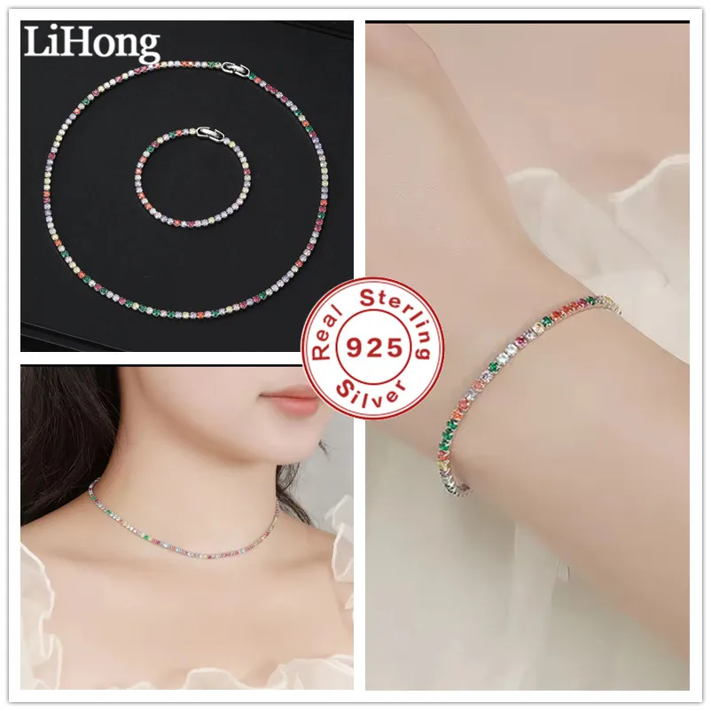 

Lihong 4 мм Радужный циркон стерлингового серебра 925 пробы теннисное ожерелье браслет набор для женщин и девочек обручальное ювелирное изделие подарок