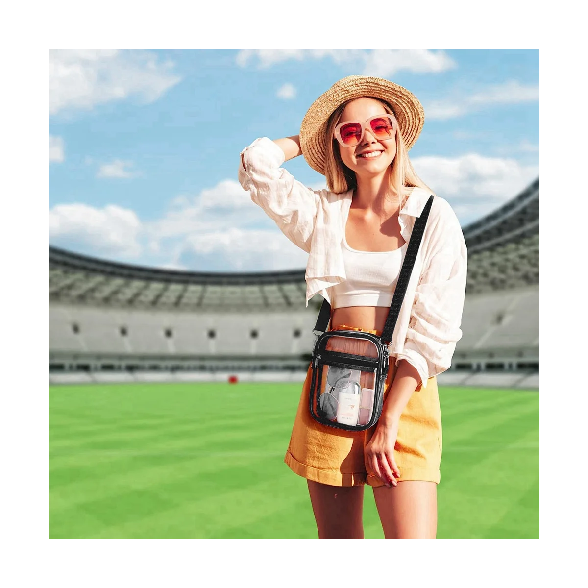 Estádio aprovado saco claro com alça de ombro ajustável, bolsa clara para esportes, preto, ao ar livre