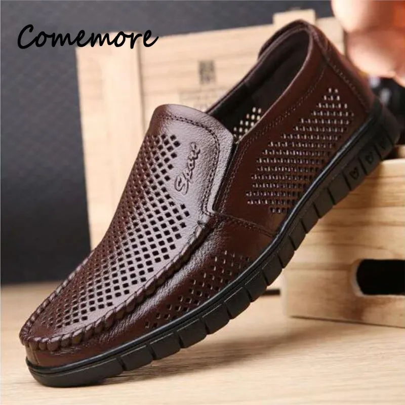 Men's Summer Breathable Hollow Sandals Cowhide Genuine Leather Soft Sole Leather flats loafers casual Shoes H610