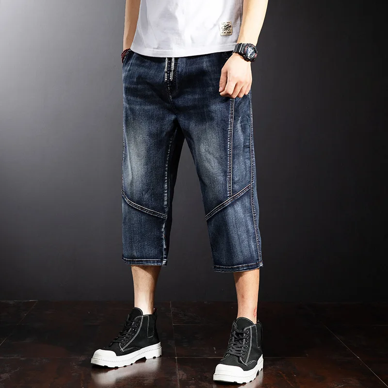 Mens Baggy Denim Shorts Fashion Streetwear Hip Hop Skateboard Cargo Hole Jeans Male Calf-Length Pants 42 44