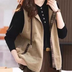 Spring Autumn Corduroy Vest Coat Women's New 2024 Loose Large Size Vests Jacke Khaki Brown Hooded Waistcoat Outwear Tops Female