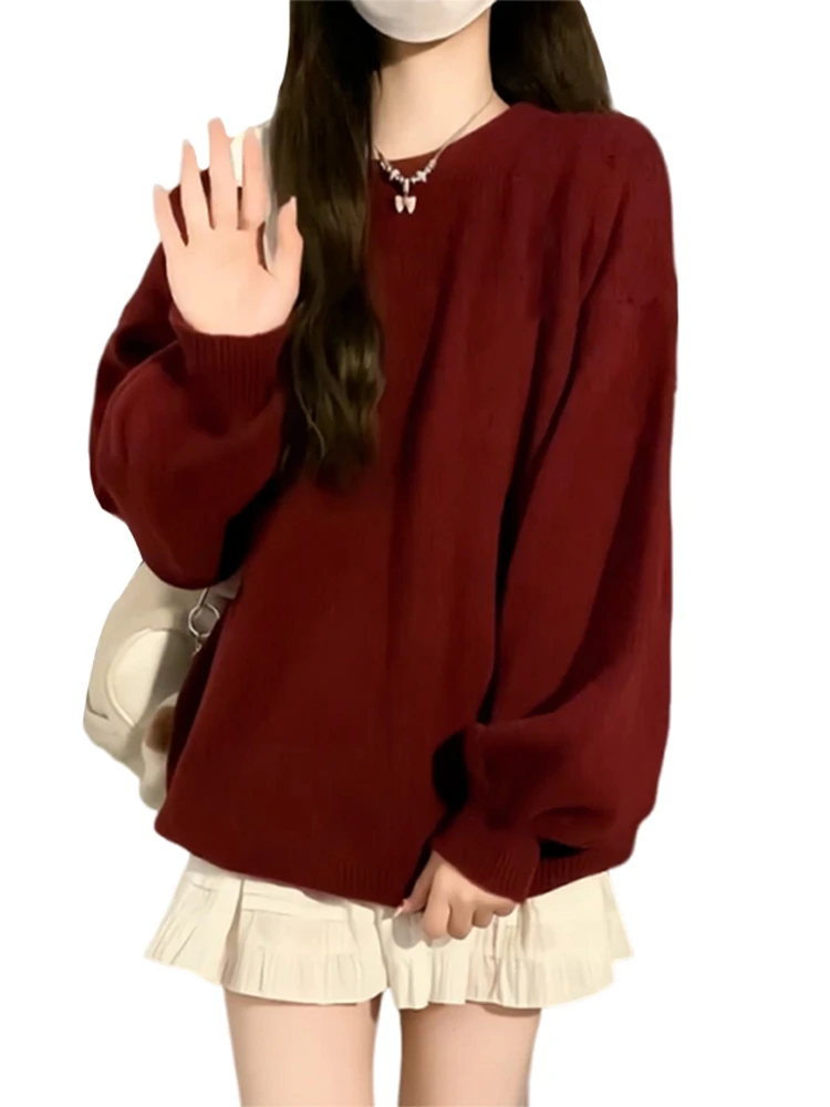 Czerwony sweter z dzianiny i spódnica, damski zimowy komplet dwuczęściowy, koreański styl, regularny krój, okrągły dekolt, odzież zimowa.