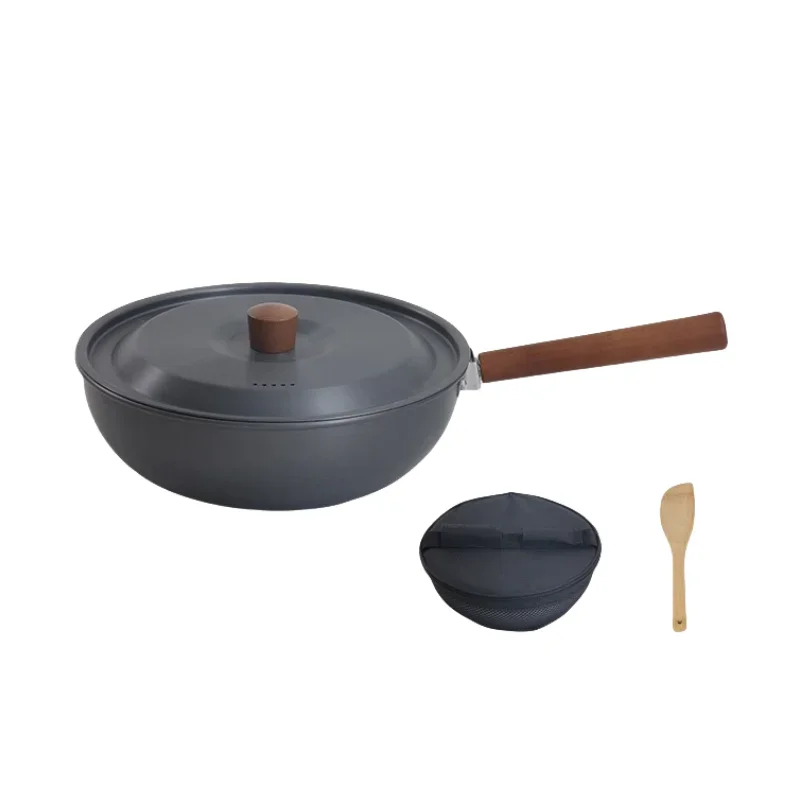 Outdoor Aluminum Alloy Frying Pan Solid Wood Handle Portable Camping Picnic Pot Detachable Handle Household Frying Pan