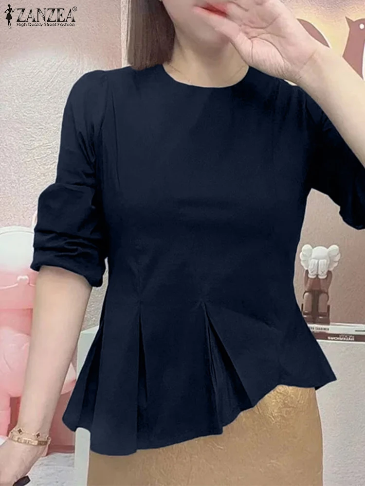 

ZANZEA модные блузки с асимметричным подолом, женские уличные блузки с рукавами 3/4 и круглым вырезом, Blusas Mujer, однотонные повседневные топы с перевернутой складкой и баской