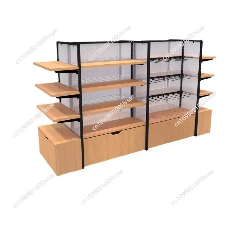 custom.Single Sided Metallic Wall Display Stand Light Duty Wood and Steel Supermarket Rack