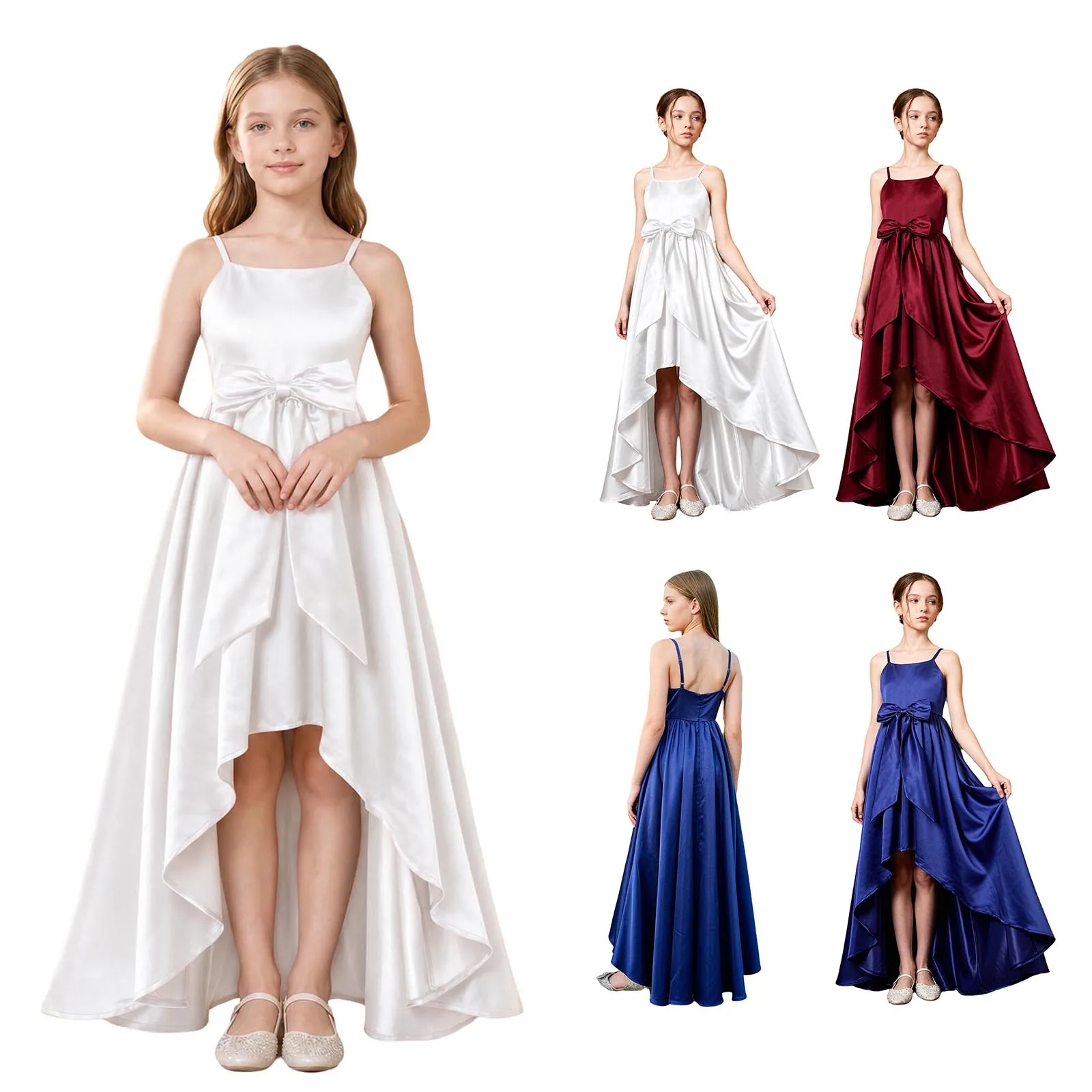 Flower Girls Elegant Bridesmaid Dress Spaghetti Straps Big Bow Asymmetrical Hem Satin Gown for Wedding Banquets Birthday Party