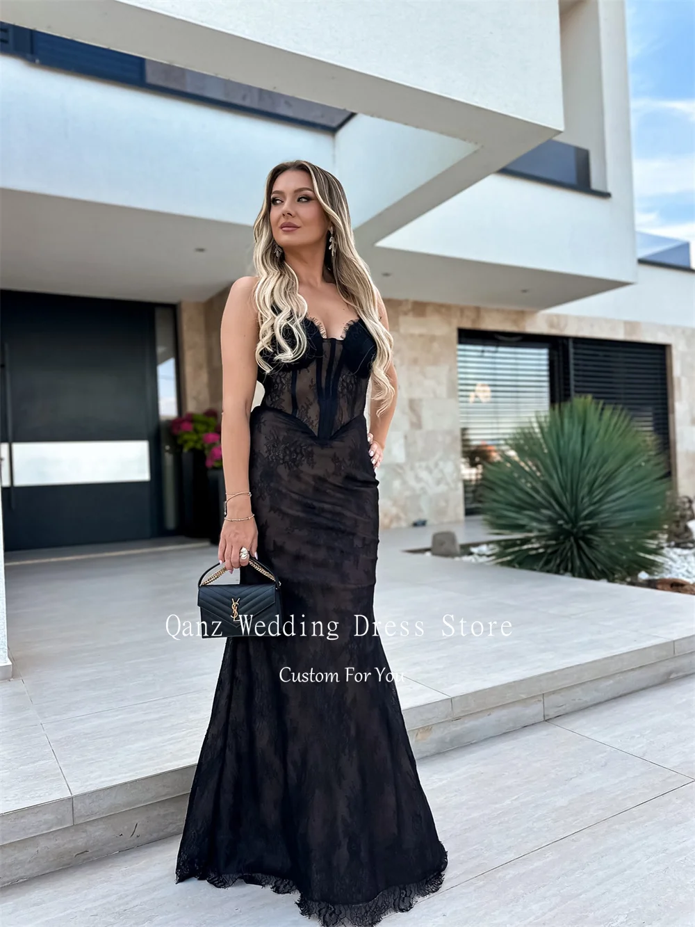 Qanz modesto vestido de fiesta negro cariño Apliques de encaje sirena vestidos de noche mujeres sin mangas Abendkleider Dubai personalizado