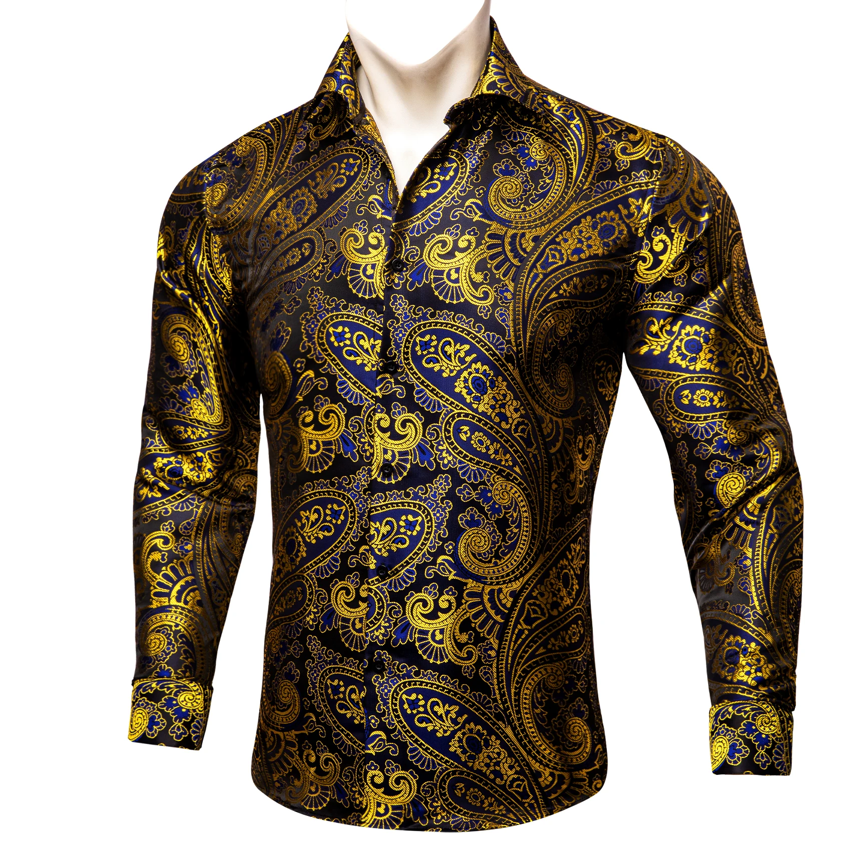 Barry.Wang Luxury Silk Mens Shirts Jacquard Paisley Long Sleeve Formal Casual 26 Colours Male Blouses Wedding Business Prom Gift