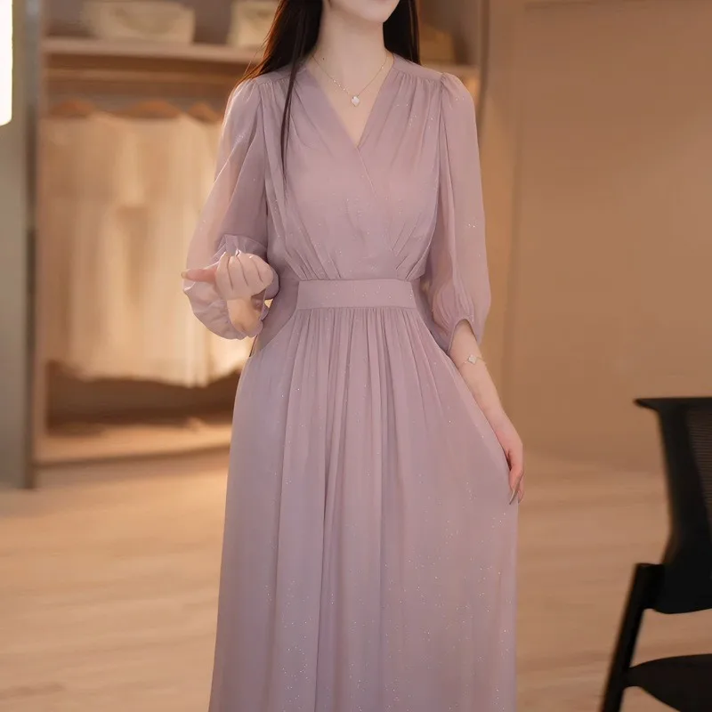

2025 Summer New Fashion Glitter Dress Women's Elegant High-end Sense of Quality V-neck Pleated Belt A-line Evening Gown