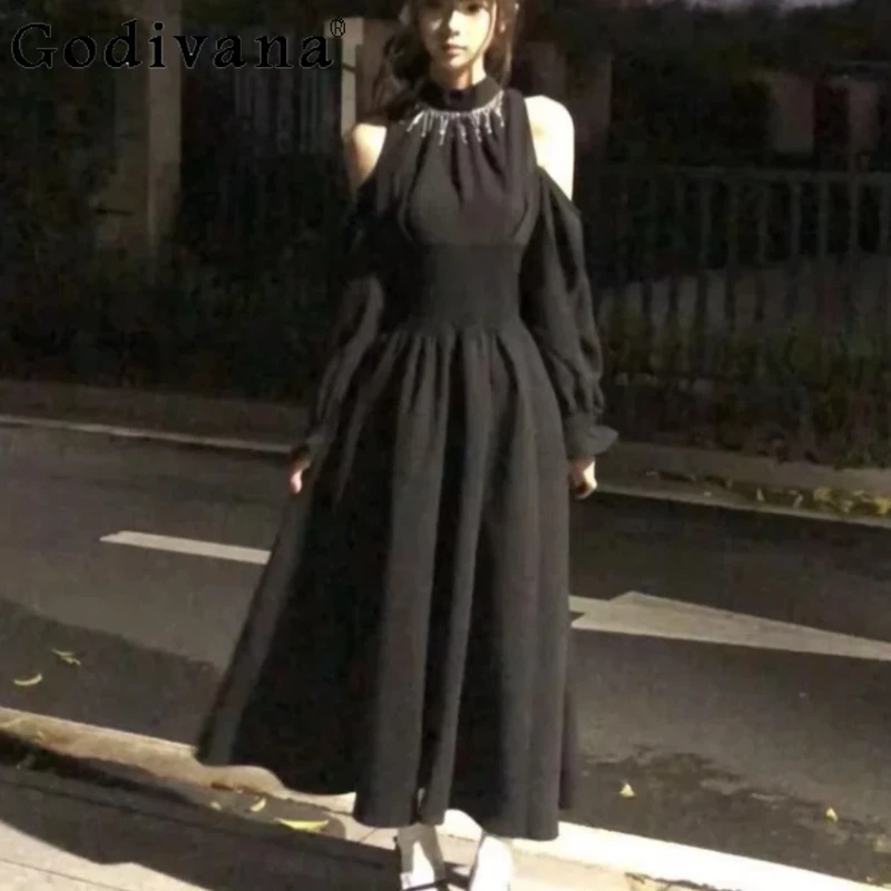 

Japanese Sexy Off-the-shoulder Diamond Long Sleeve Dress Fashion High Waist A-line Versatile Age-reducing Sweet Pink Dresses