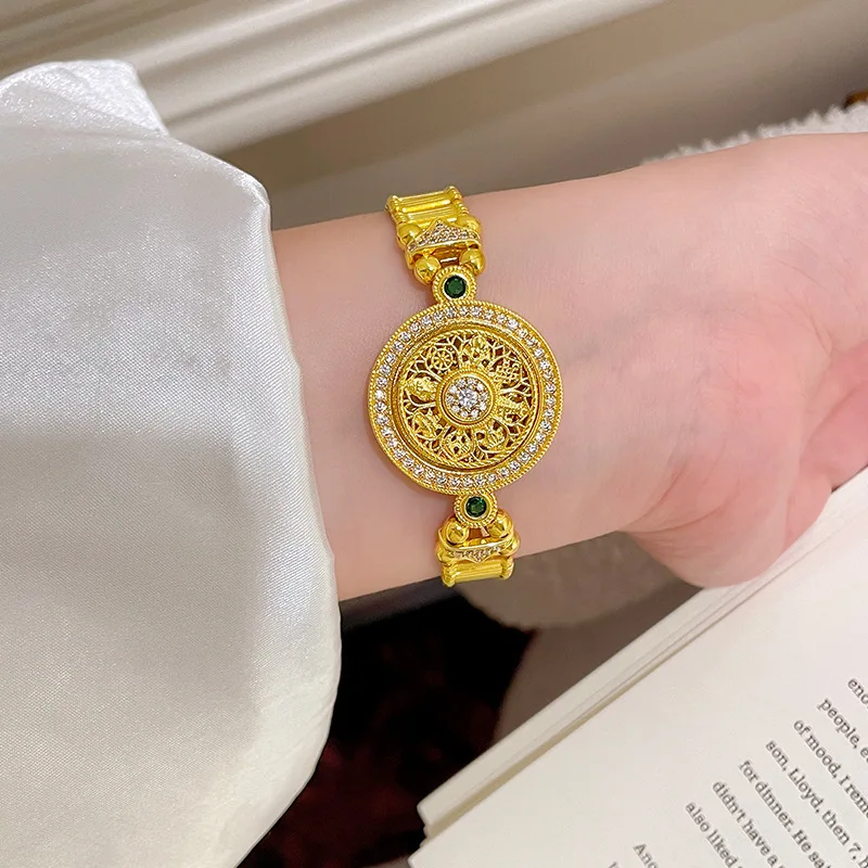 Classic Chinese style diamond inlaid circular bracelets luxurious and fashion retro double buckle watch chain bracelet jewelry