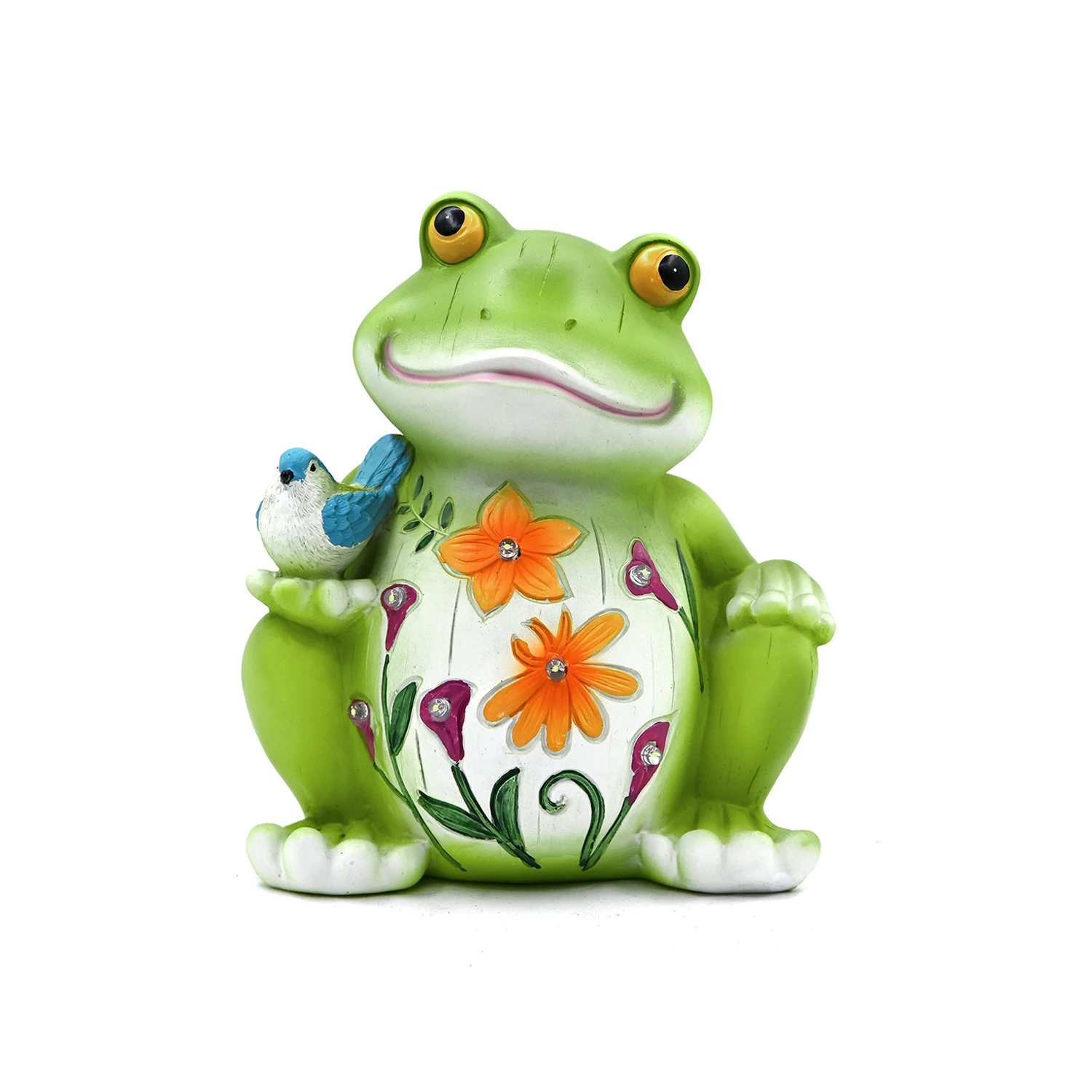 Charming Solar Powered Frog Ornament with Bird and LED Blooms for Garden Pathway Flower Bed or Deck Decor 19x16x11cm