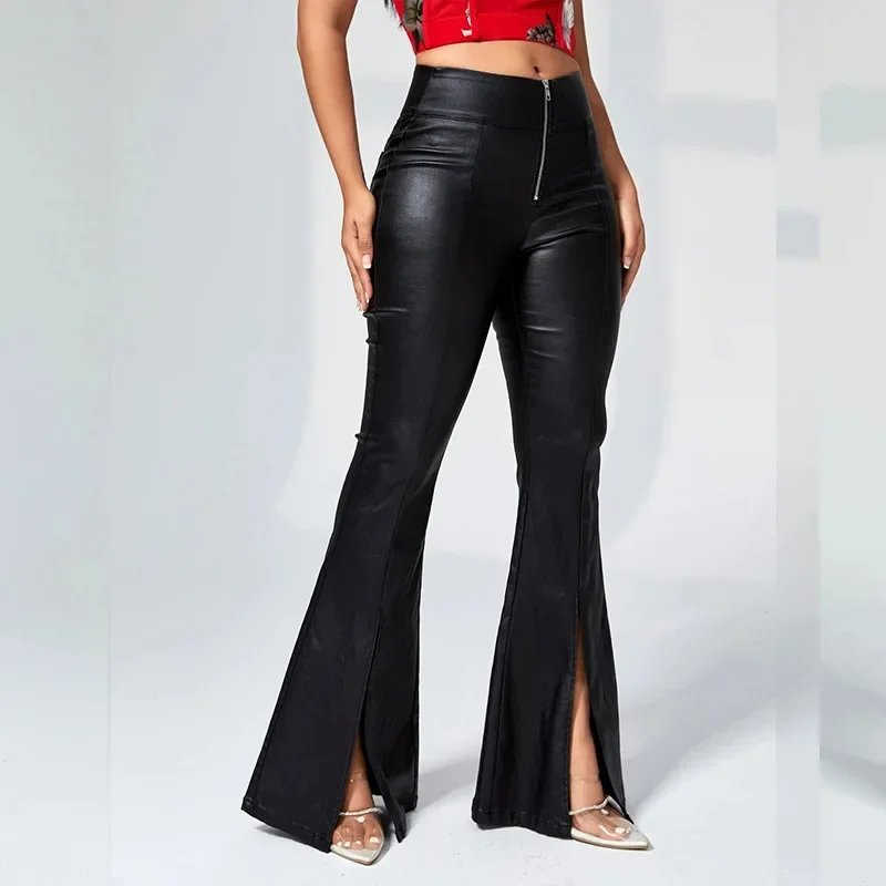 Casual Streetwear Women Punk Gothic Black PU Leather Pants High Waist Bandage Skinny Slim Flared Trousers Women Clothing