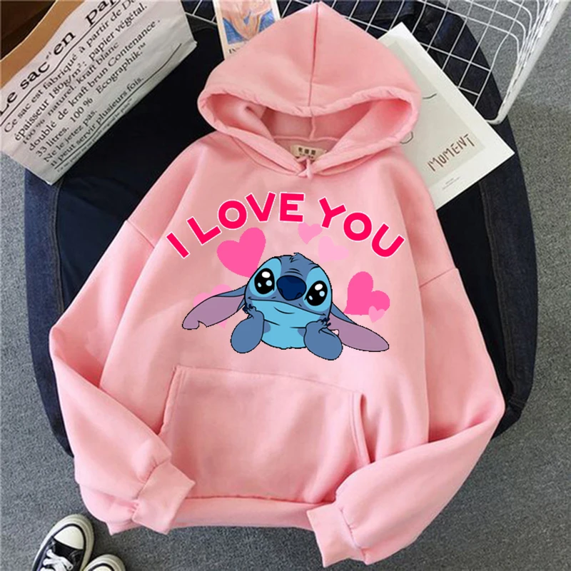 Disney-Mulheres Harajuku Anime Stitch Hoodies, Manga Moletom, Streetwear Unisex, Feminino Hoody, Bonito, Desenhos Animados, Inverno, HIP HOP