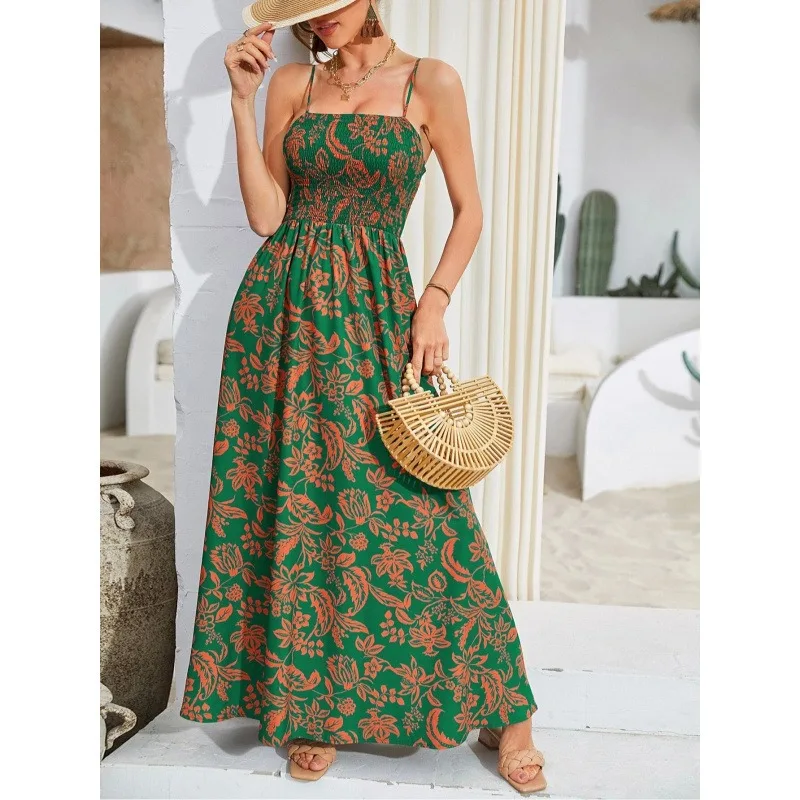Abito da spiaggia da donna primavera estate con stampa floreale e spalline lunghe a vita smock