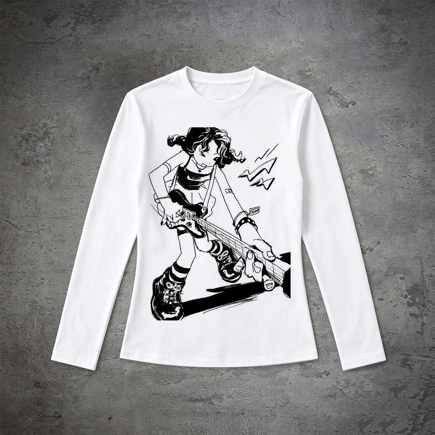 Women Long Sleeve T‑Shirt Round Neck Rock Guitar Player Mask Sketch Graphic Tee Vintage Letter Punk Casual Top