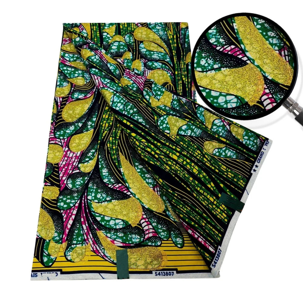 New Super Good Quality Grand African Wax Fabric Ankara Real Batik Satin Cotton Material Pagne Tissu Golden Green Blue  For Sew