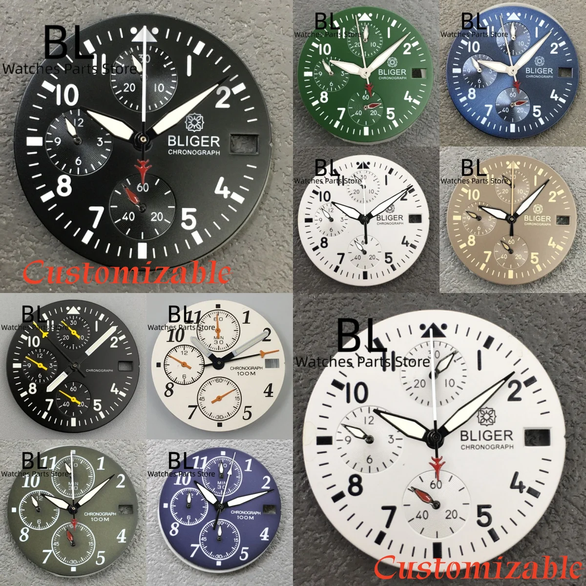 BLIGER Schwarz Weiß Grün Blau 12-Stunden Piloten-Stil Chronograph VK Uhrenzifferblatt mit Zeigersatz für VK67 Quarzwerk Uhrenteile