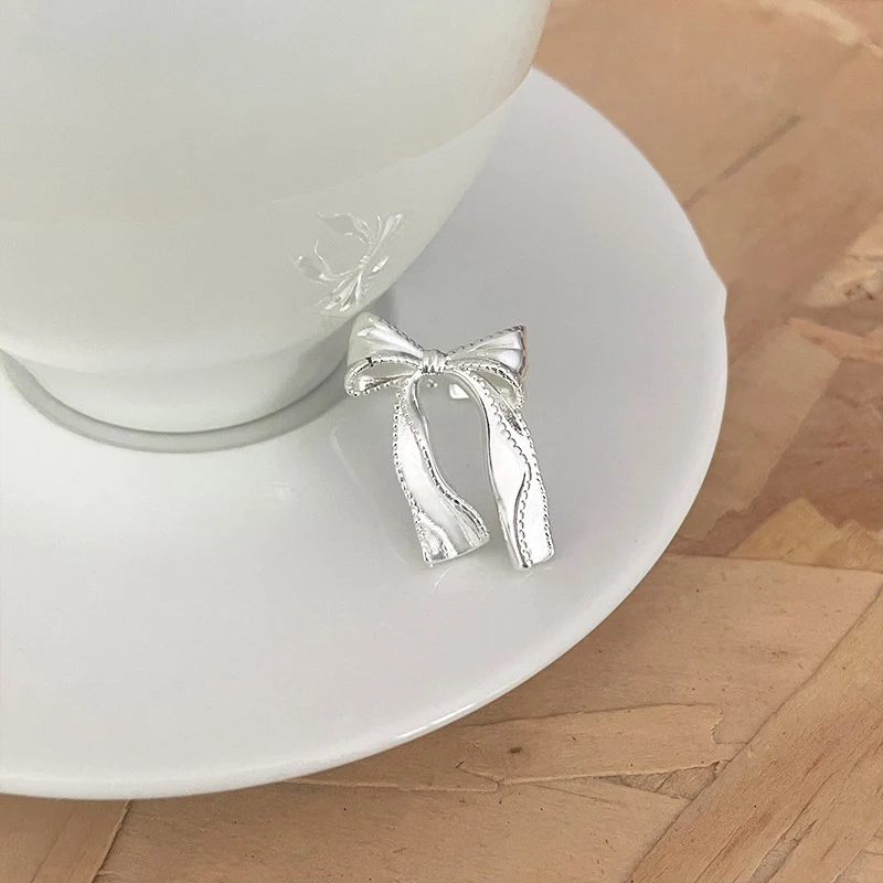 Foxanry 여성용 실버 컬러 긴 나비 매듭 반지, 한국 패션, 달콤하고 우아함, 과장된 클래식 약혼 주얼리 선물