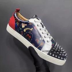 Leather low cut men's and women's shoes, color printed casual board shoes, couple style, red shoes, trendy