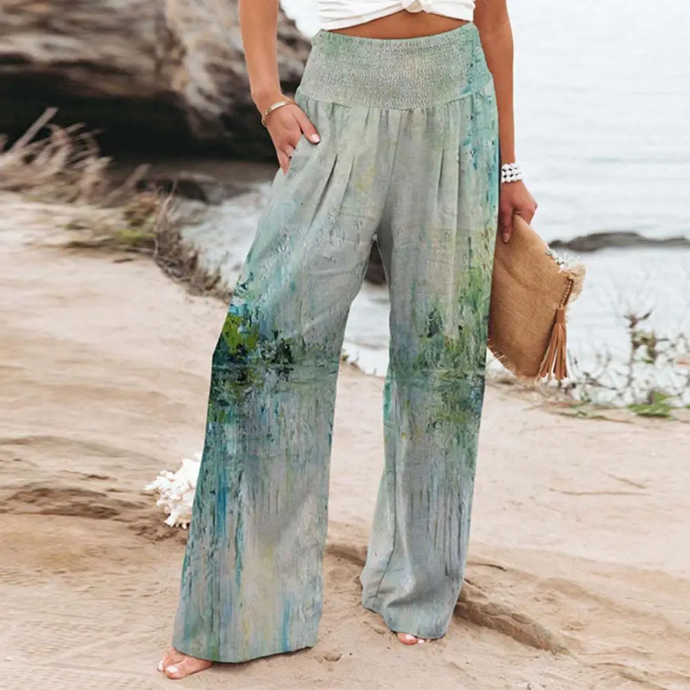 Vacation Work Pants Stylish Women's Wide Leg Pants with Elastic Waist Pockets Tie Dye Print Casual Trousers for Spring Summer