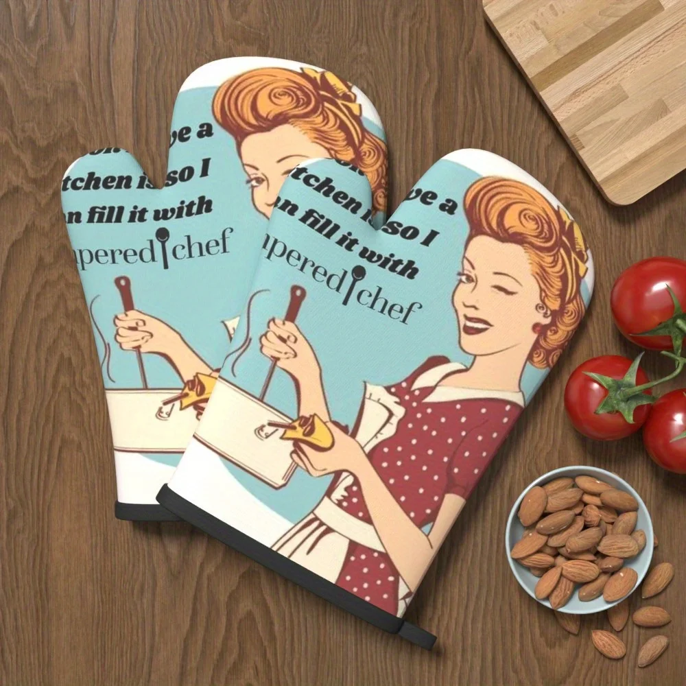 2pcs 10.6*6.7 Inch Heat Resistant Kitchen Oven Gloves Woman Slogan Blue Oven Mitts Suitable for Kitchen Decoration, Barbecue