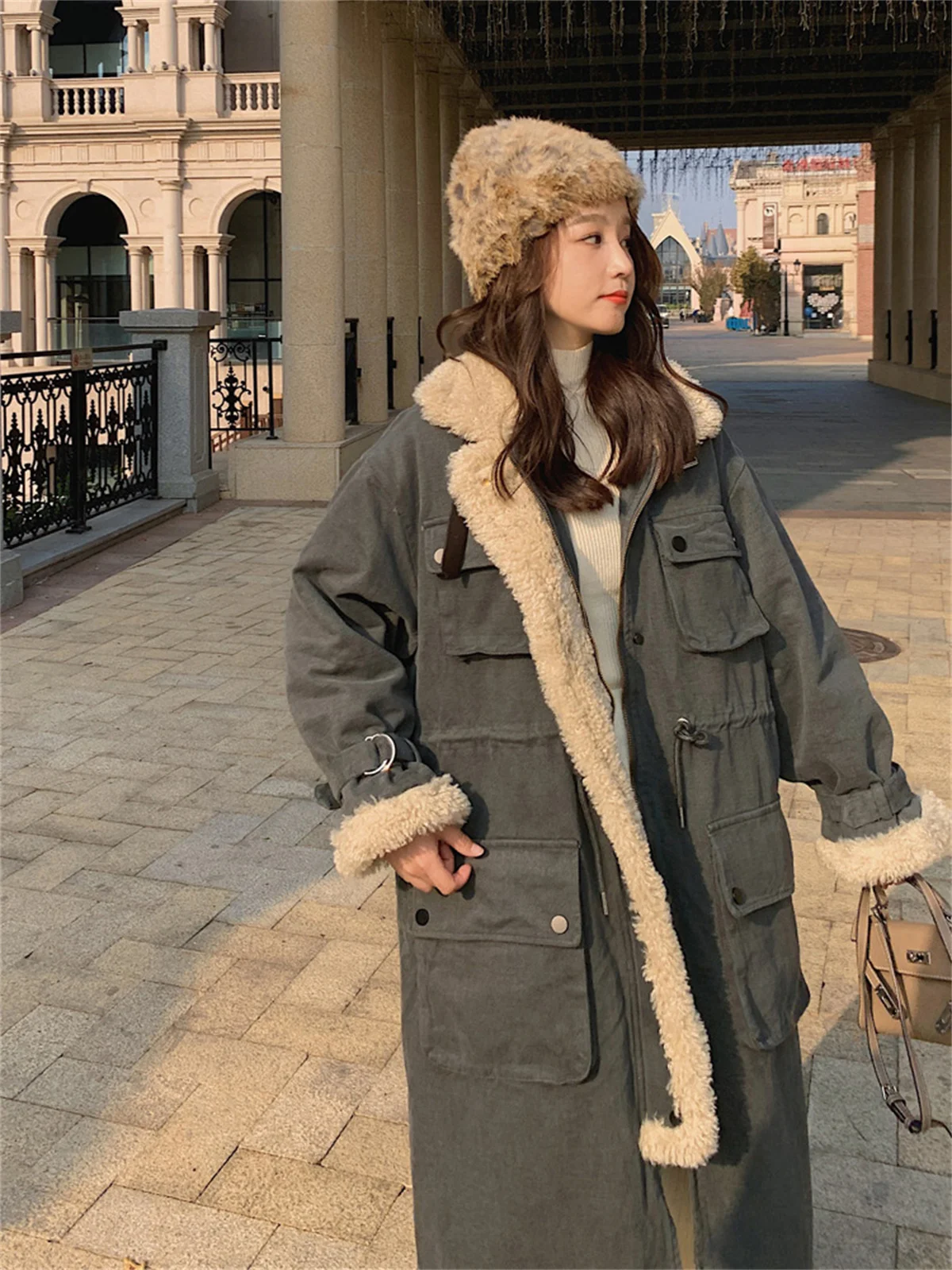 Women\'s Mid-length Plush Coat, Rabbit Hair Style Overcoat, Loose Thickened Overcoat, Grey, Over Knee, Cotton, Winter, 2022