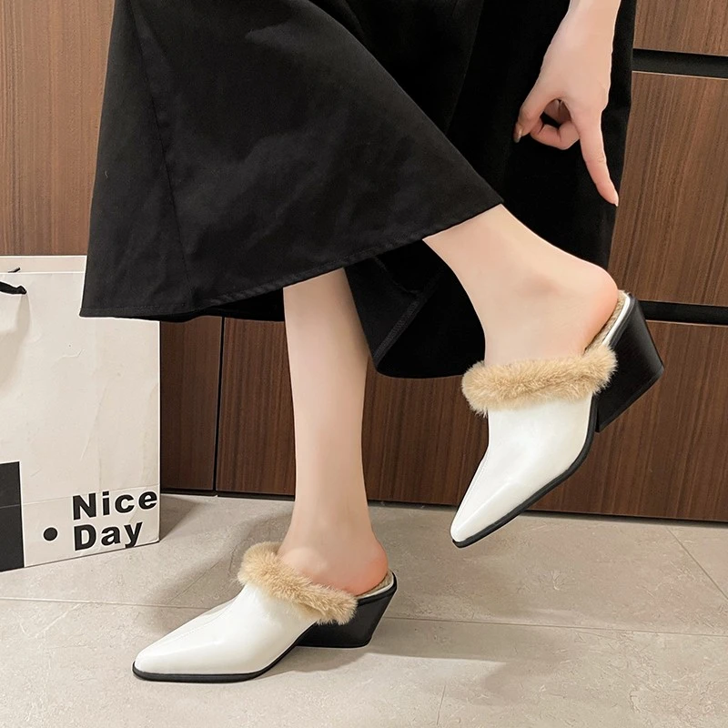 2025 Winter New Furry Wedge Heel Slippers - Pointed Toe Warm Comfortable Versatile Slip-On For Outdoor Wear