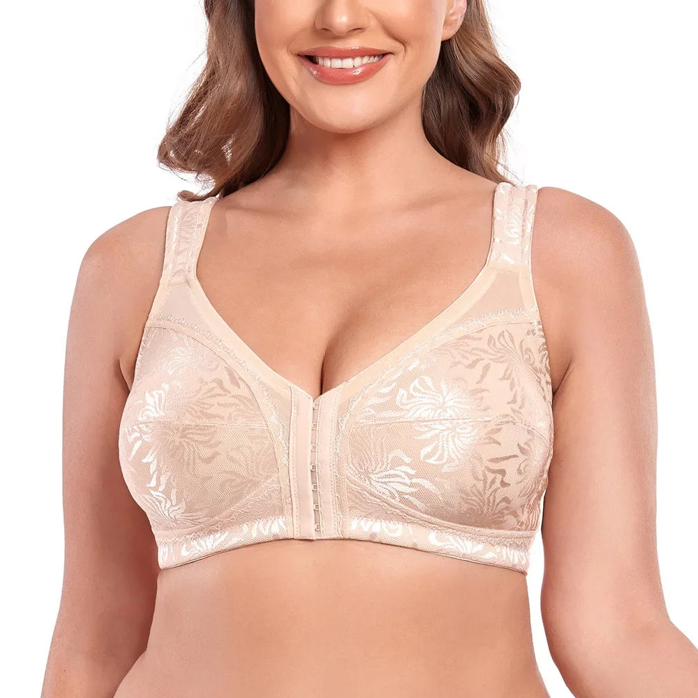 Reggiseno da donna con chiusura frontale taglie forti pizzo floreale sfoderato Jacquard a copertura totale con ferretto Racerback Lingerie Non imbottita 34-50