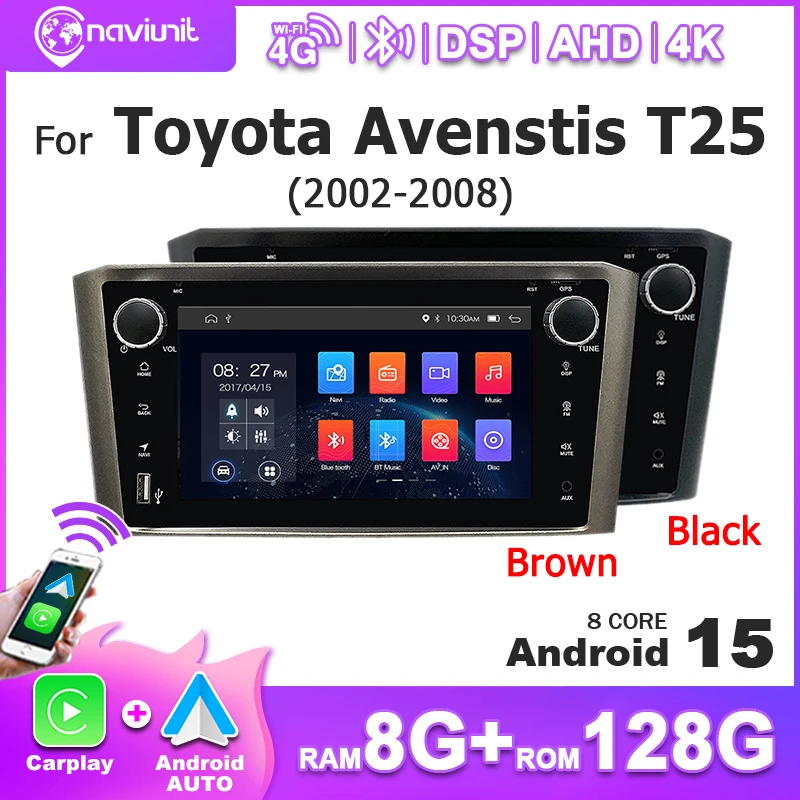 Autoradio Android 15 con 8 Core e CarPlay Wireless per Toyota Avensis T25 2002-2008, Schermo Multimediale da 7'' 2 DIN