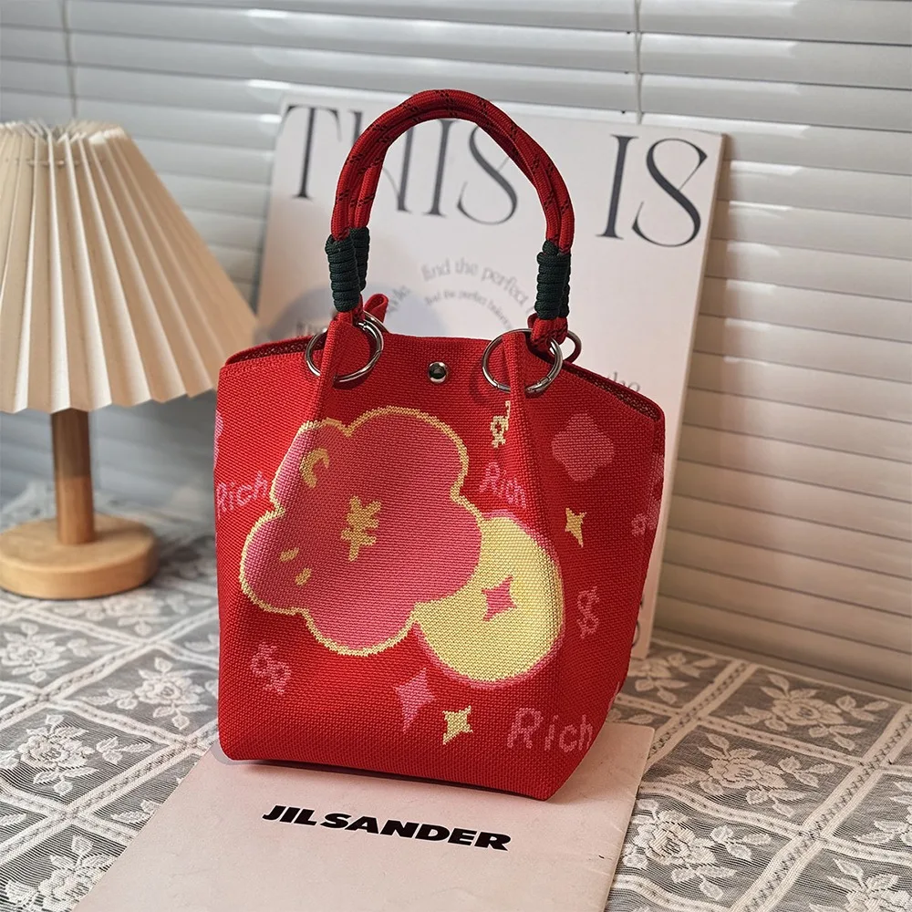 Fashion Cartoon Knitted Bucket Bag Large Capacity Handmade Shoulder Bag Woven Ring Buckle Tote Bag for Women Girls