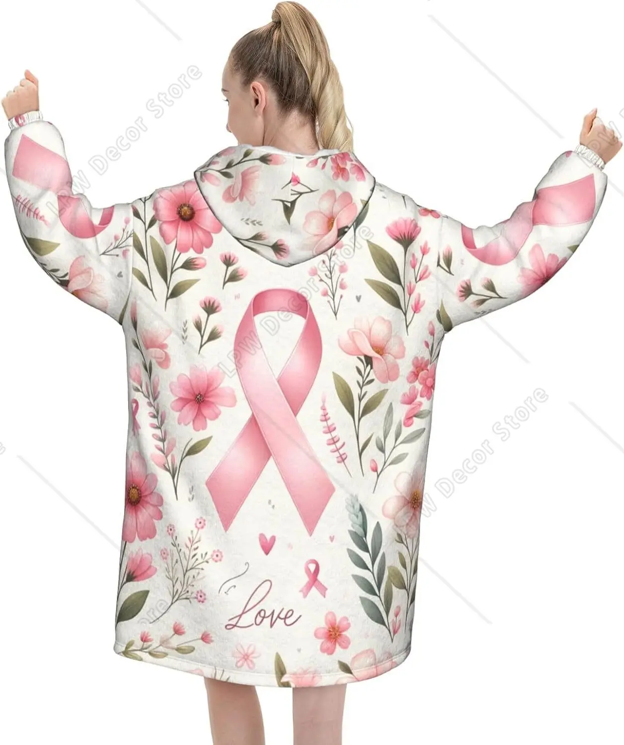 Adult Long Sleeve Flannel Hoodie Blanket Breast Cancer Ribbon Hope Soft Fuzzy Hooded Sweatshirt Lounging Pullover