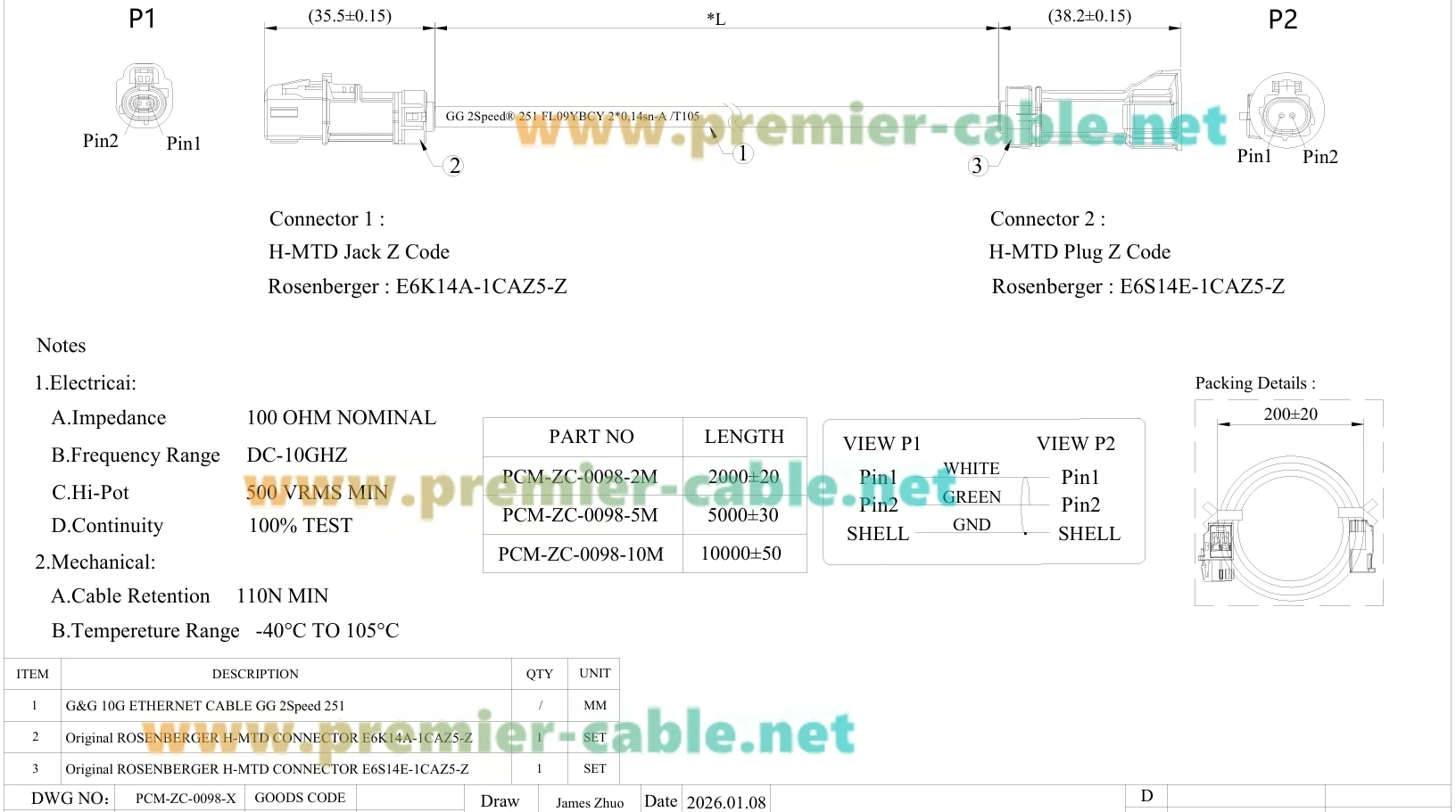 IP67 Rosenberger H-MTD Stecker-Buchse-Automobil-Ethernet-Kabel E6S14E-1CAZ5-Z zu E6K14A-1CAZ5-Z 10Gbps 100/1000BASE-T1 für ADAS – Detail 1