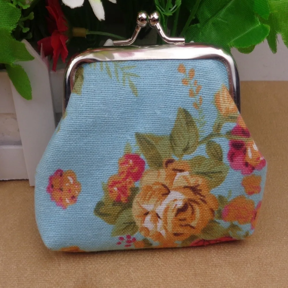 Fashion Mini Coin Purse Canvas Rose Floral Print Clutch Wallet Metal Hasp Makeup Bag for Women