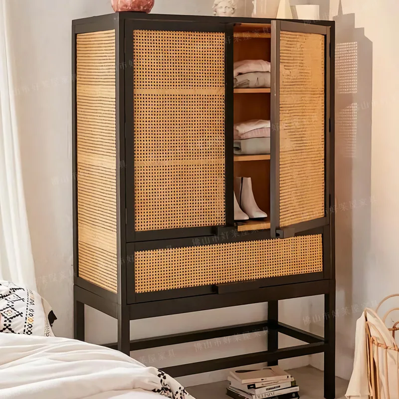 

Nordic solid wood storage wardrobe rattan simple modern double door coat cabinet bedroom bed and breakfast cabinet