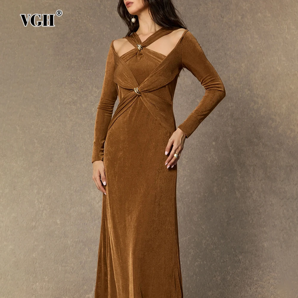 

VGH сексуальные утягивающие ажурные платья для женщин с круглым вырезом и длинным рукавом с высокой талией, однотонное темпераментное вечернее платье, женская мода