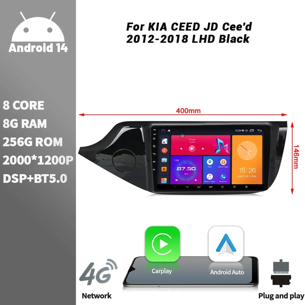 Car Radio For KIA CEED JD Cee'd 2012-2018 LHD Black Multimedia Player Android Bluetooth Wireless CarPlay Touch Screen