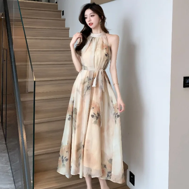 

Super Fairy Floral Strap Chinese Style Summer Printed Halter Sleeveless High-Grade Long Dress Large Swing Skirt