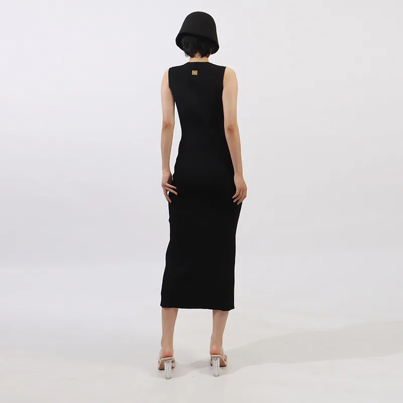 Francês elegante temperamento vestido de verão em torno do pescoço sem mangas metal oco cintura alta hip-envolto split bodycon vestido longo feminino