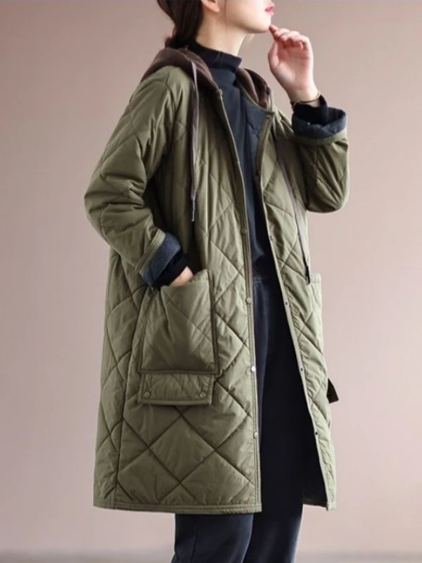 Jaqueta de Aodão Fena de Crimento Médio, Estilo Novo Outono Inverno 2025, com Capuz, Patchwork, Manga Longa, Casual ...