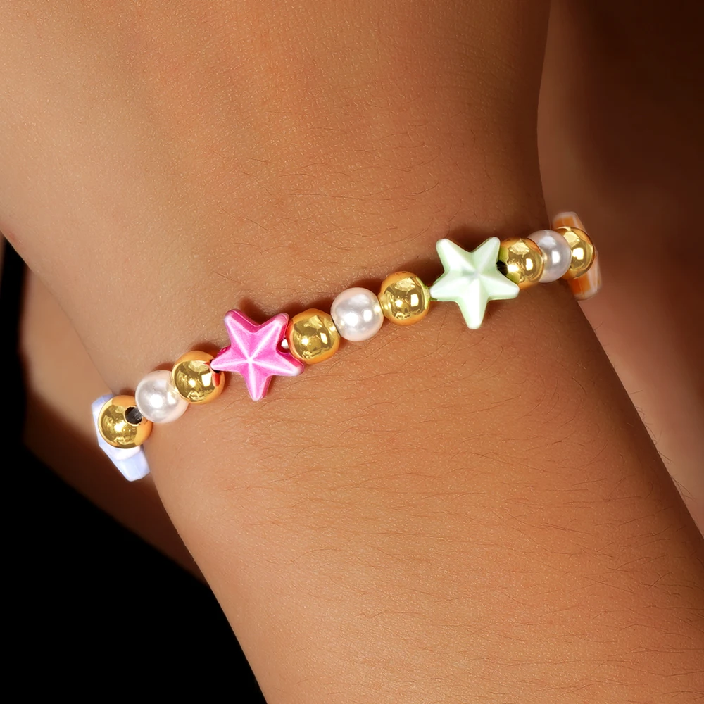 1 random star color women's fashion bracelet acrylic pentagram 6mm imitation pearl Bohemian jewelry daily vacation gift