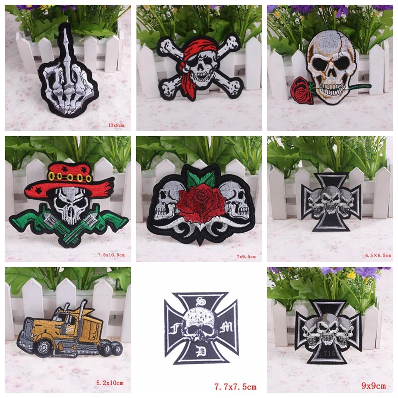 Prajna 10PCS Wholesale Skull Patch Iron-On Patches For Clothing Stripes Punk Embroidered Patches On Clothes DIY Clothes Stickers