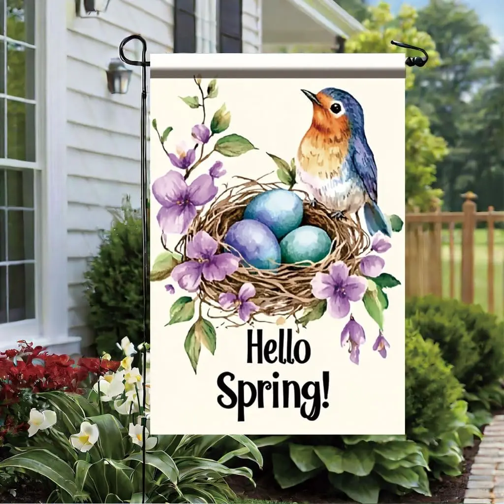 Hello Spring Garden Flag 12x18 Inch Double Sided Outdoor Yard Banner Bluebird Nest with Eggs and Purple Flowers for Spring S ZZM