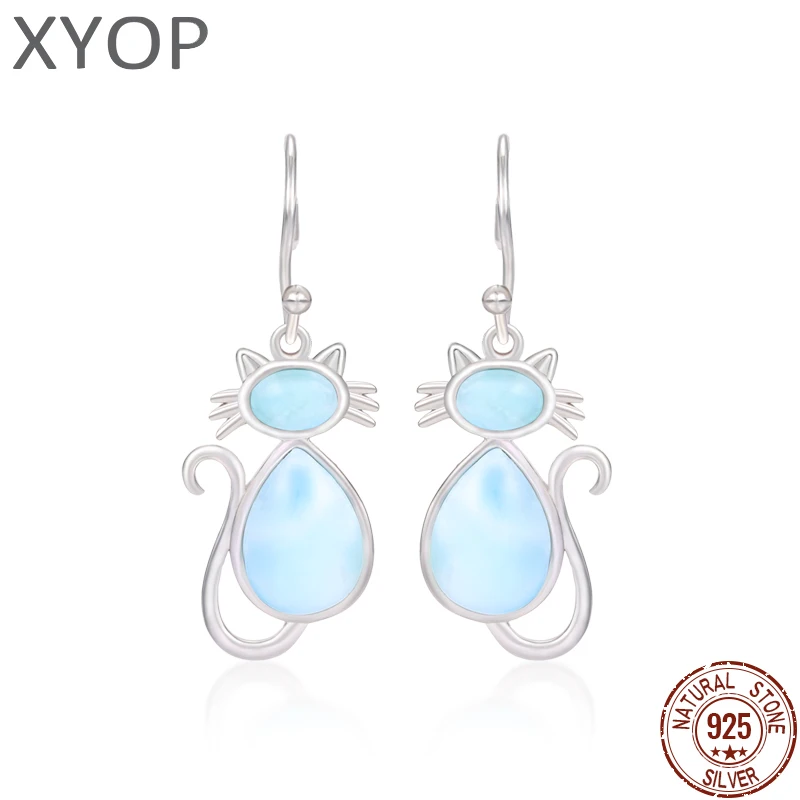 

Latest Gift 925 Sterling Silver Animal Earrings Cat Natural Precious Larimar Top Quality Fine Jewelry Women Kitty Style Eardrop