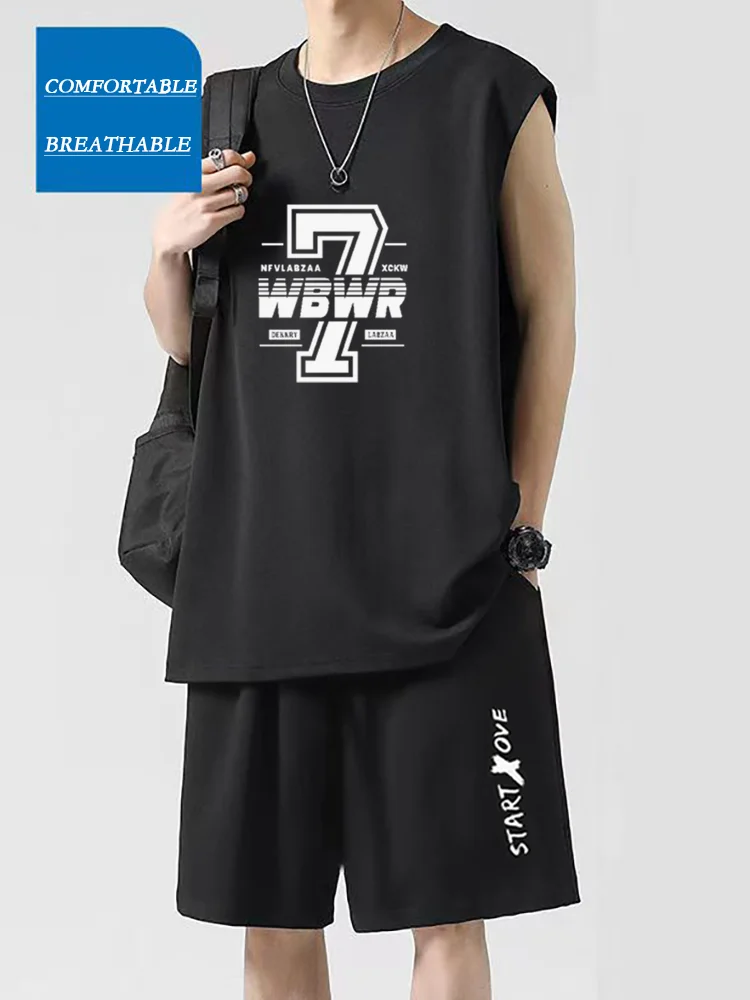 

2025 Summer Men's Sleeveless Vest Shorts Set, Quick Dry Cool, Round Lead Running Sportswear + Digital Fashion Printed T-Shirt