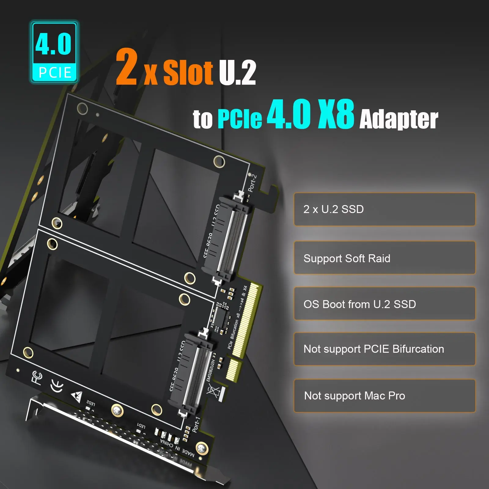 2-slot U.2 PCIe Adapter for 2 U.2 SSD, Software U.2 SSD RAID, No PCIe Bifurcation