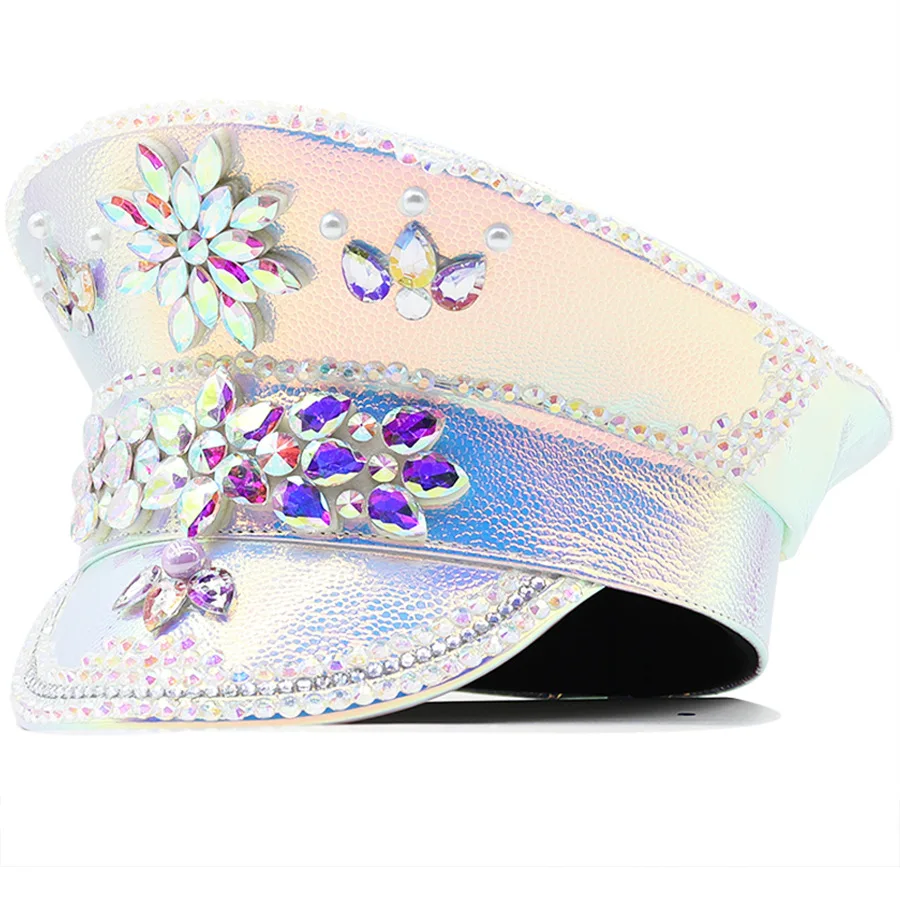 Laser Paint Colorful Leather Pu European And American Hats With Diamonds And Diamonds Cross-border Foreign Trade Punk Hats