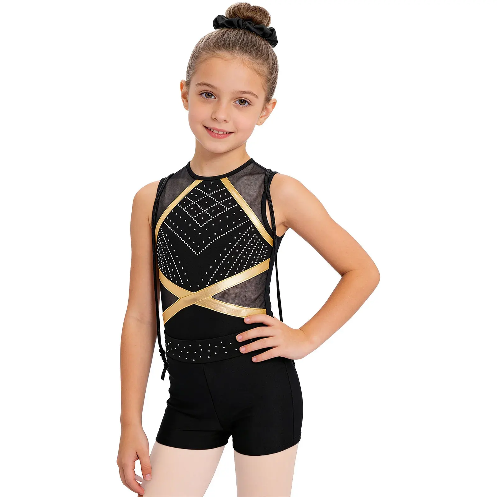 Kids Ballet Skate Dance Unitard Girls Rhythmic Gymnastics Jersey Full Body Leotard with Shorts Hairband And Drawstring Backpack