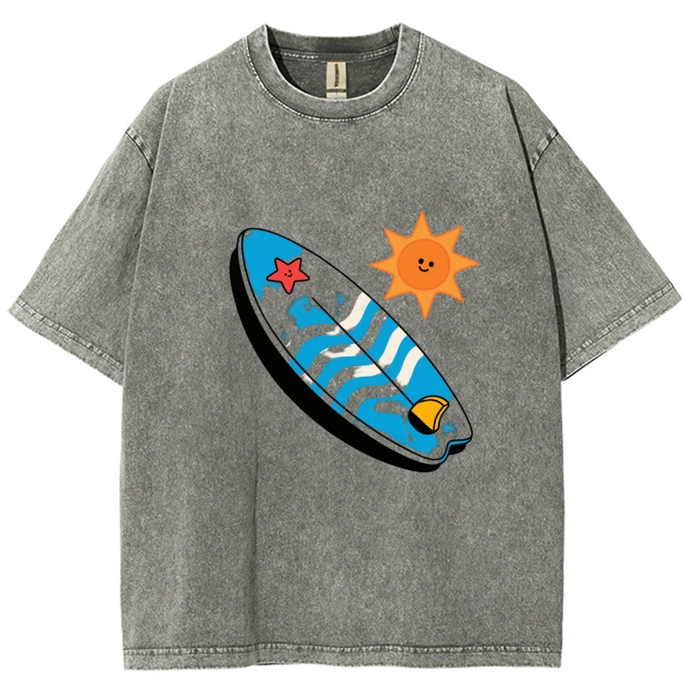 

Vintage Washed Surfboard Graphic T-Shirt Cute Cartoon Surfboard with Starfish Smiling Sun Design for Summer Beach Vibes Casual